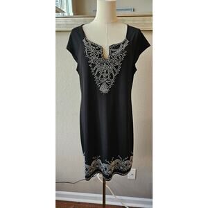 ECI‎ Cap Sleeve Embellished Beaded Pull On Shift Mini Dress Women Size L Black